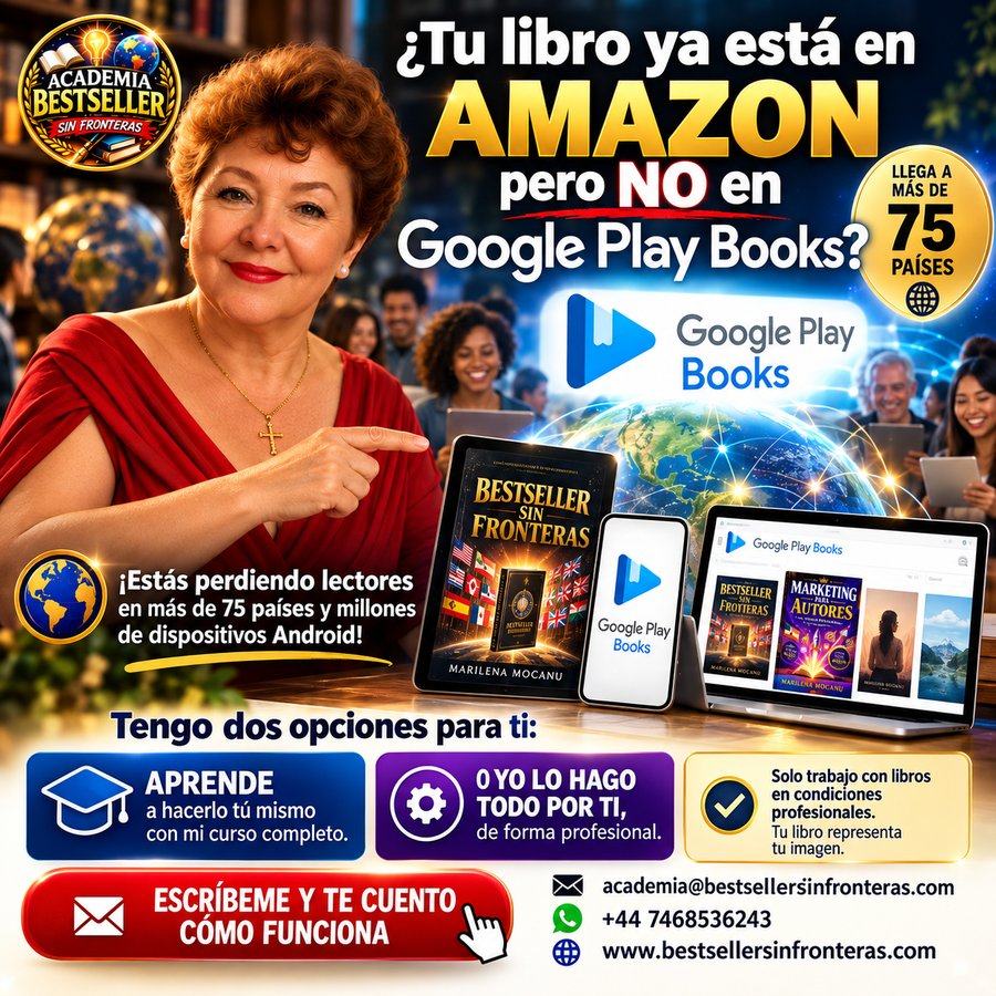 ¿Tu libro ya está en Amazon pero no en Google Play Books? Aprende con mi curso o yo lo hago todo por ti. Marilena Mocanu, Academia Bestseller Sin Fronteras